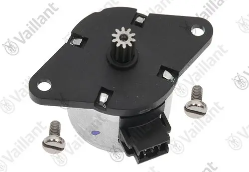 Vaillant Motor mit schwarzem Gehäuse und Zahnrad, ausgestattet mit einem elektrischen Anschluss. Zwei Schrauben liegen bei.